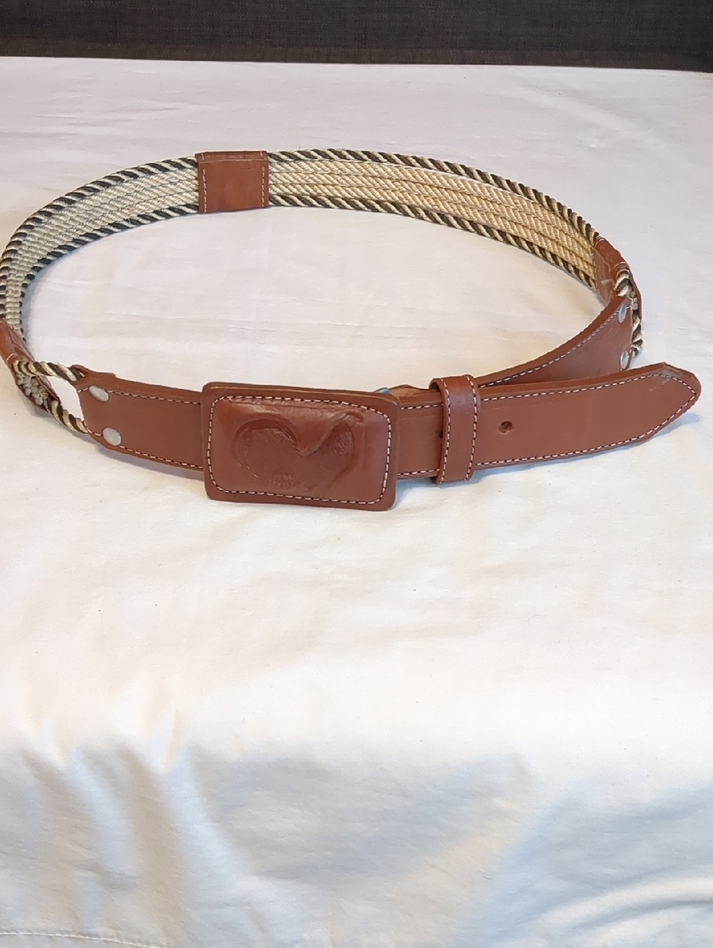 Western Brown Leather -Tan braided Woven Rope Cord Stitched Rodeo Cowboy Belt
